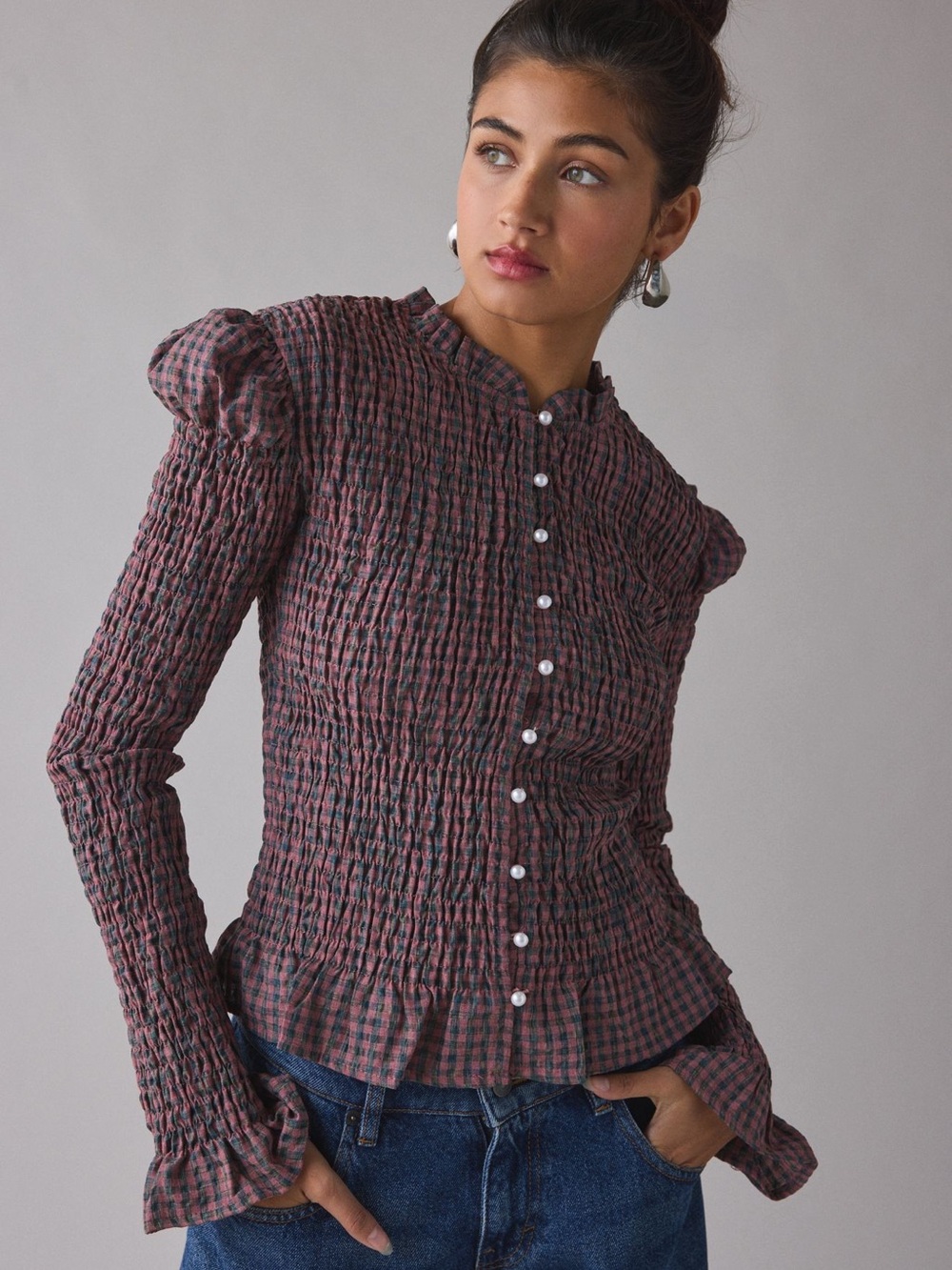 Daisy Street Fern Shirred Plaid Long Sleeve
Button-Up Top